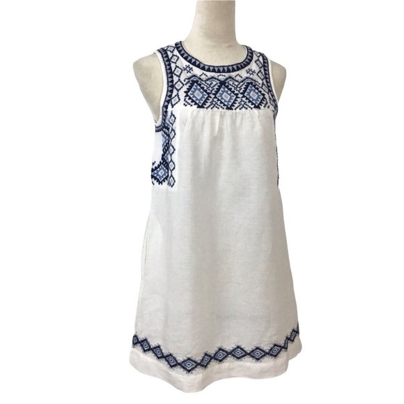 Lucky Brand Boho Blue Embroidered White Cotton Linen Blend Shift Dress Sz Small - Picture 6 of 12